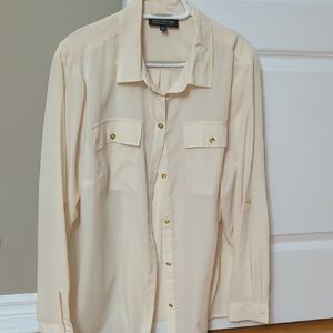 Jones New York Womens Cream Button-Up Shirt with Gold Accents-size 18 W